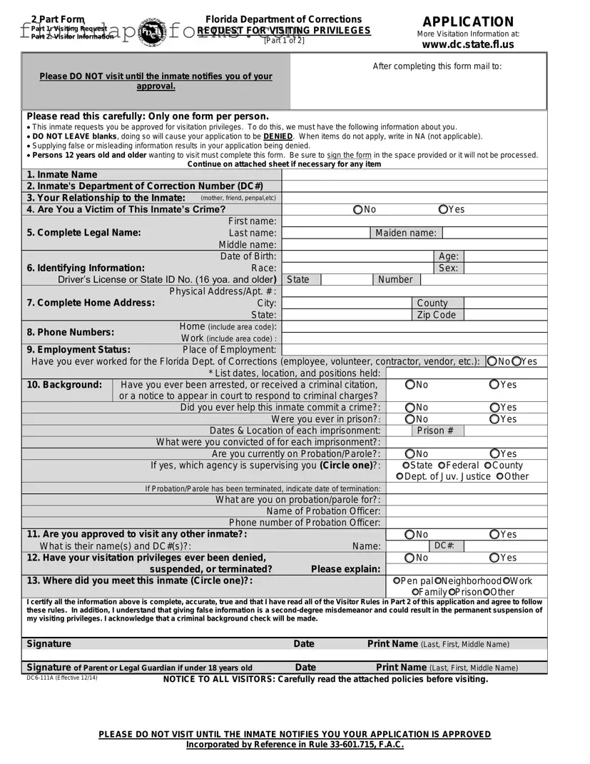 Fill in Your Department Of Corrections Visitation Florida Form