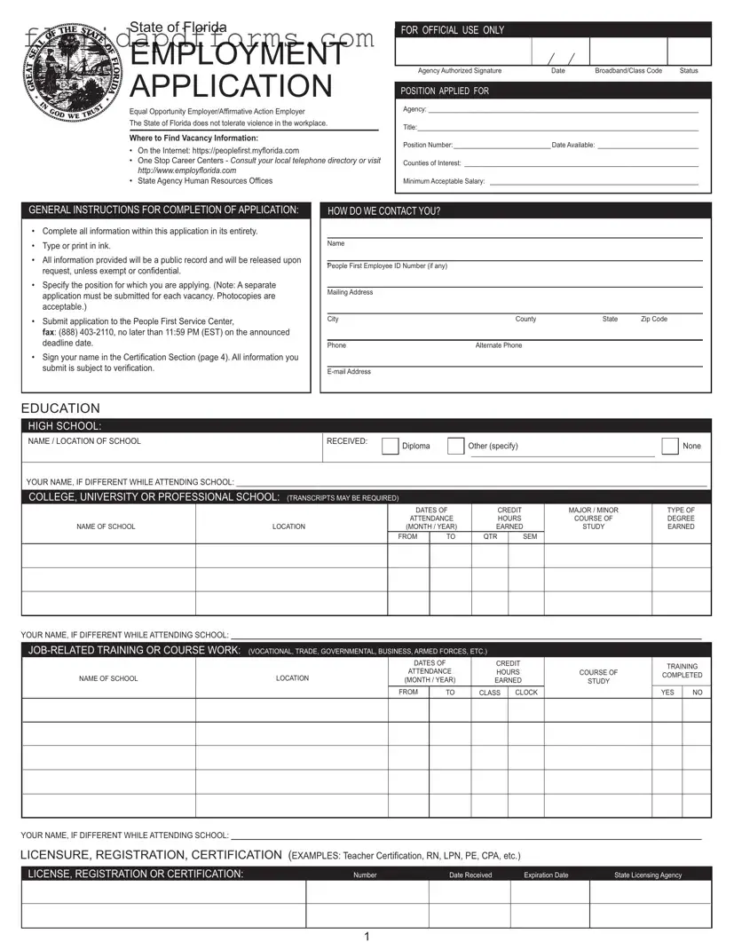 Fill in Your Employment Application Florida Form