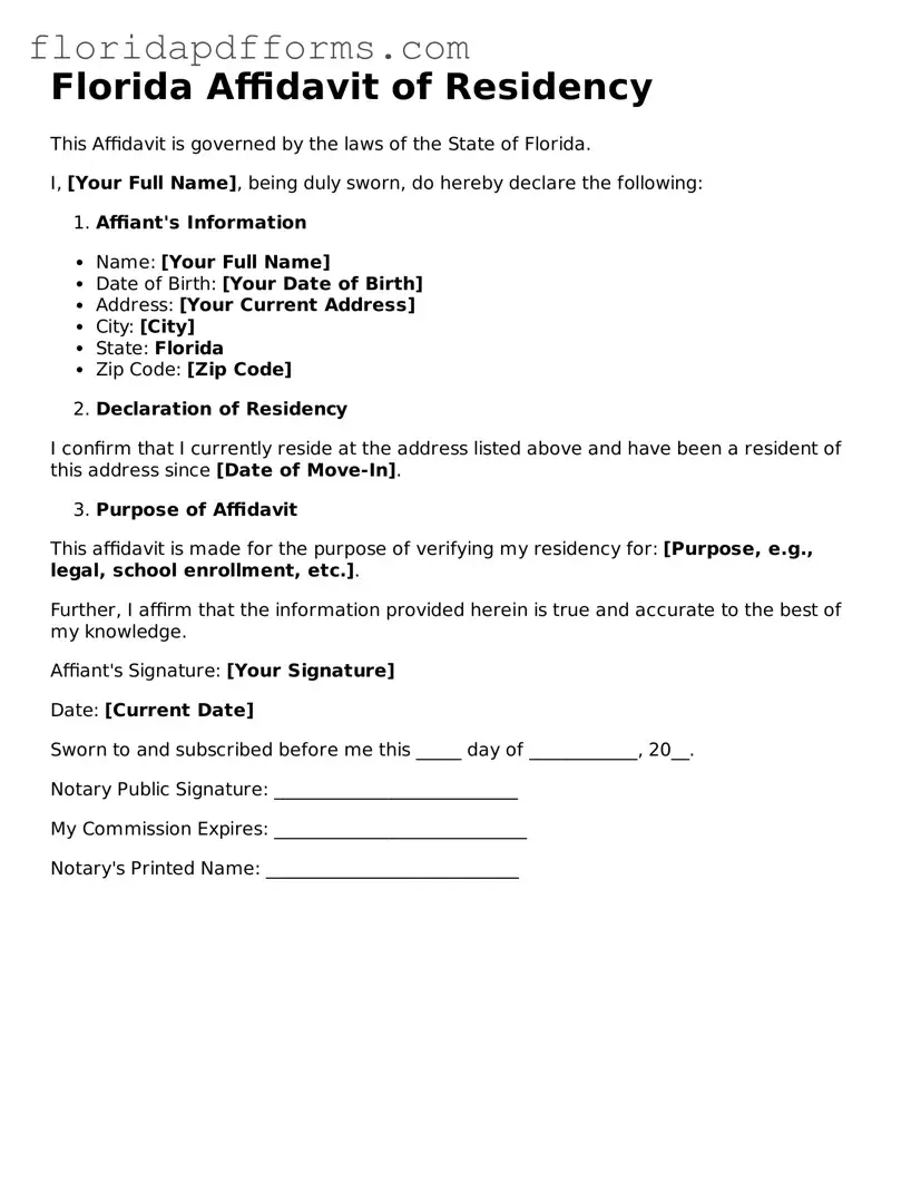 Official Affidavit of Residency Template for Florida