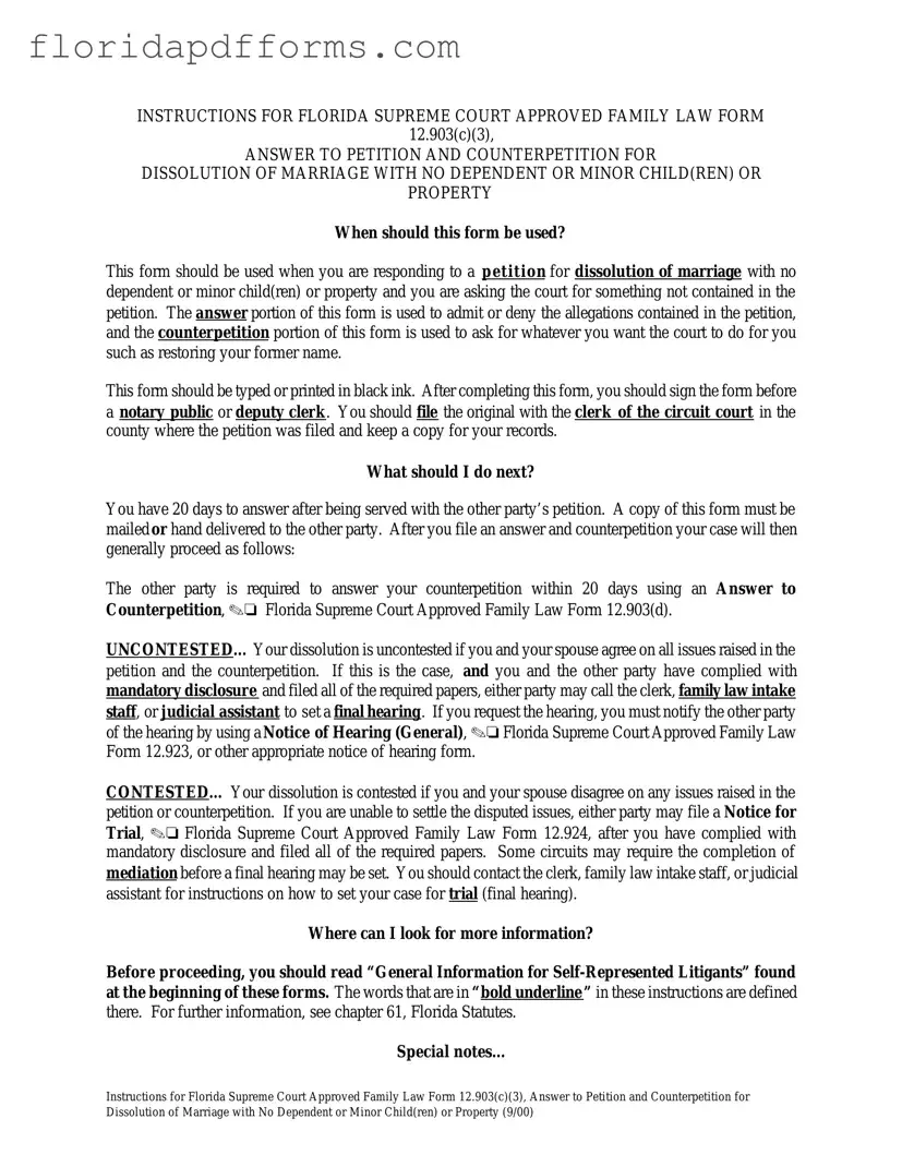 Fill in Your Florida Answer to Petition and Counterpetition for Dissolution of Marriage Form