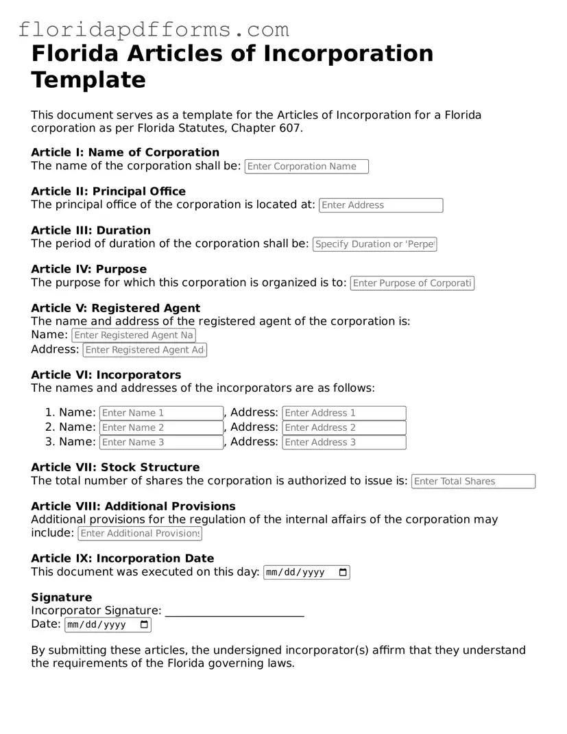 Official Articles of Incorporation Template for Florida
