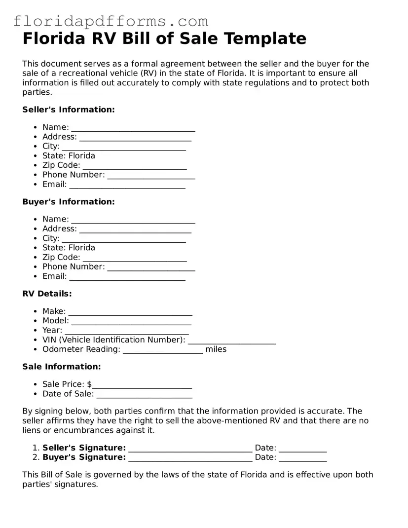 Official RV Bill of Sale Template for Florida
