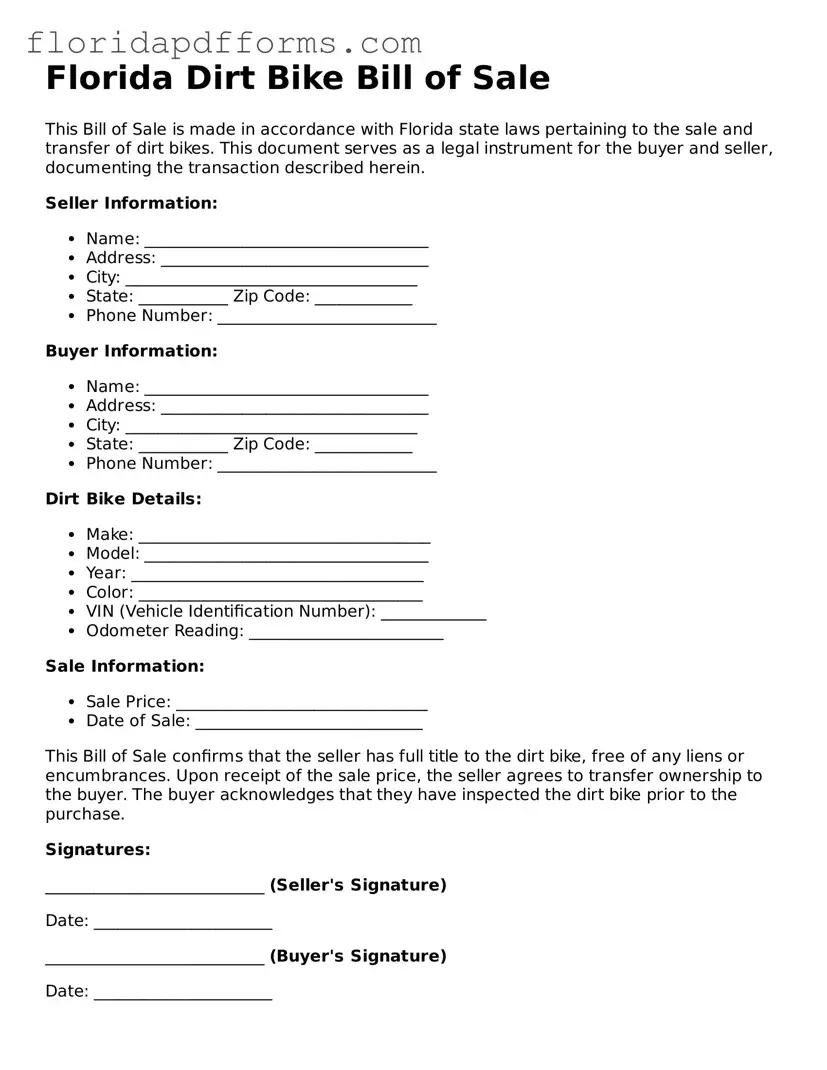 Official  Dirt Bike Bill of Sale Template for Florida