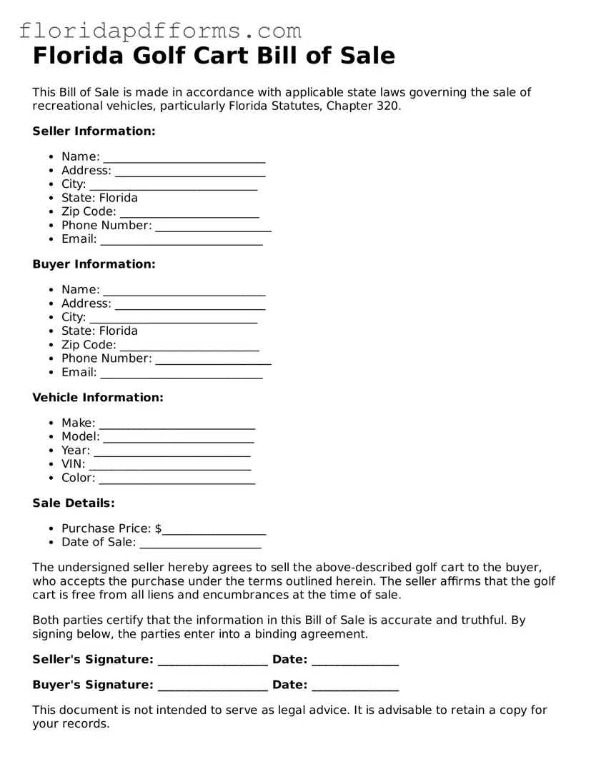 Official  Golf Cart Bill of Sale Template for Florida