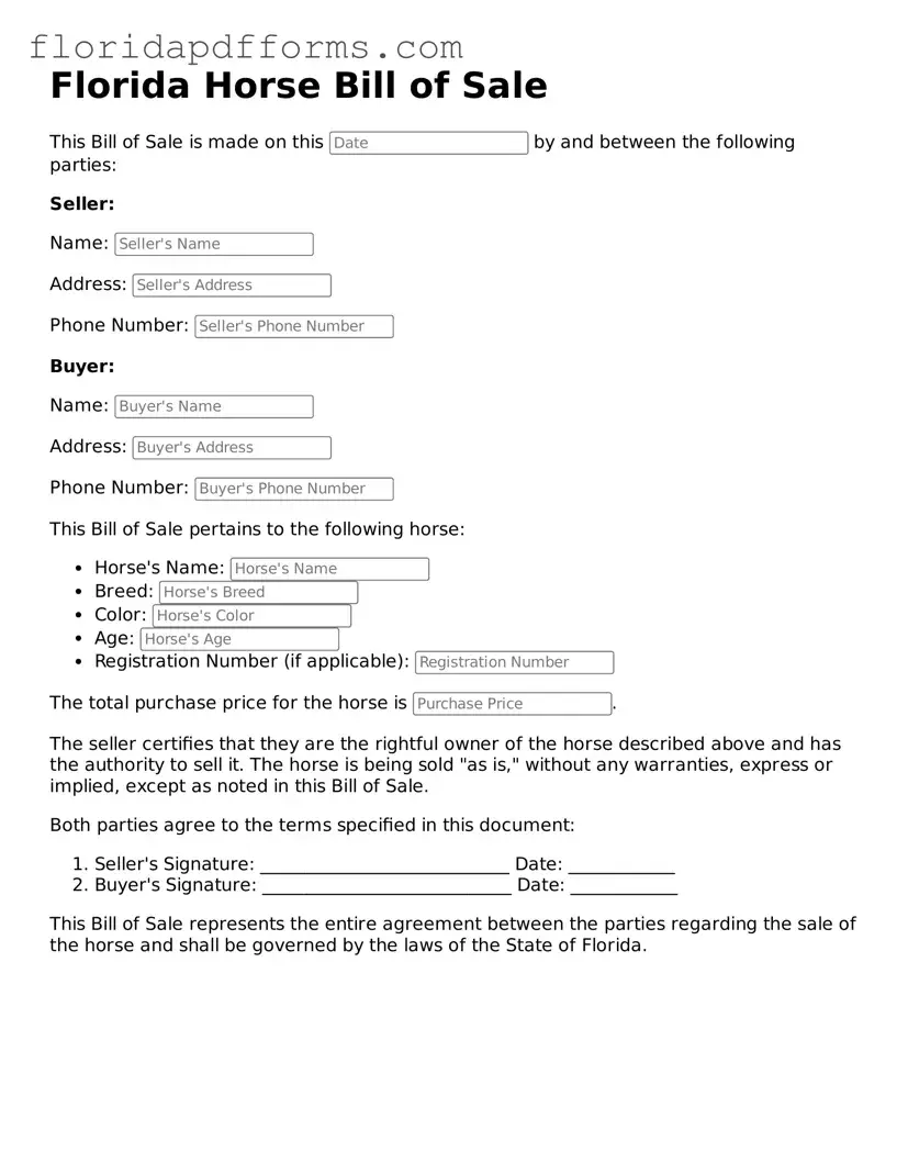 Official  Horse Bill of Sale Template for Florida
