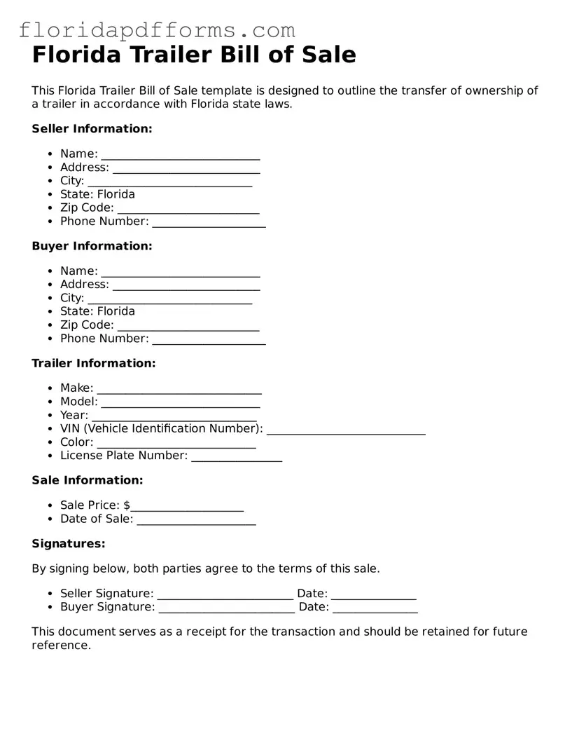 Official Trailer Bill of Sale Template for Florida