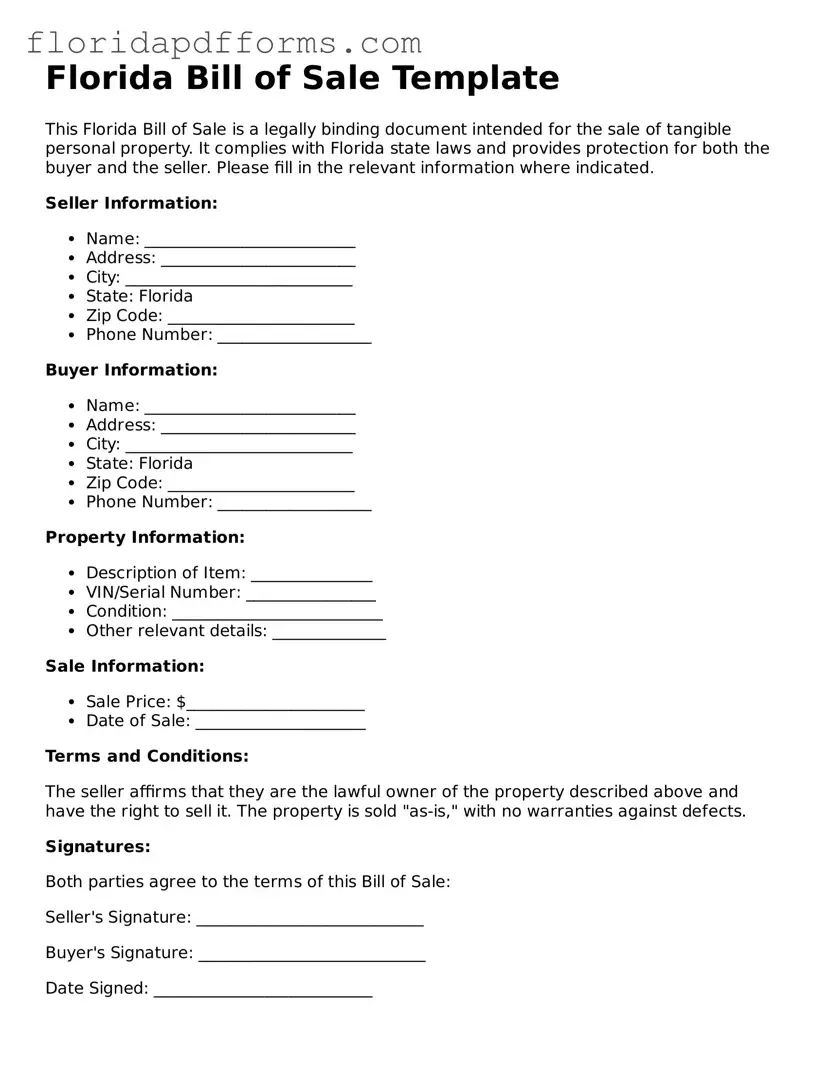Official  Bill of Sale Template for Florida