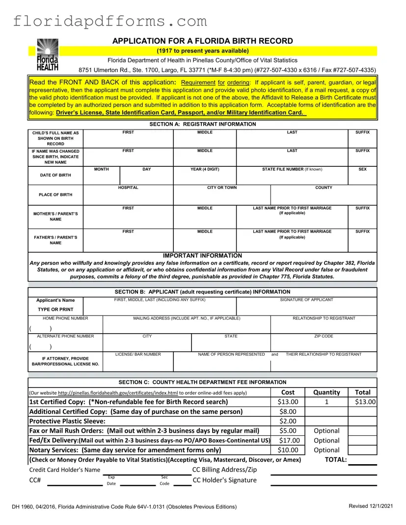 Fill in Your Florida Birth Certificate Form
