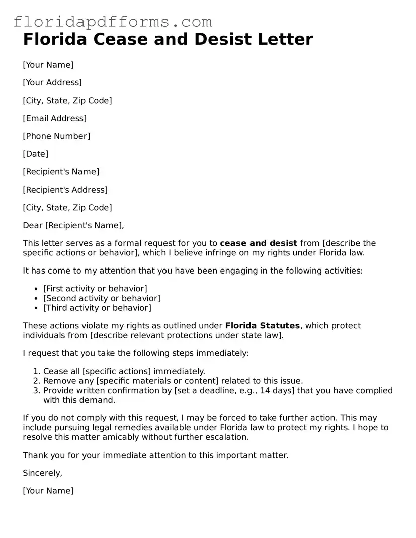 Official  Cease and Desist Letter Template for Florida