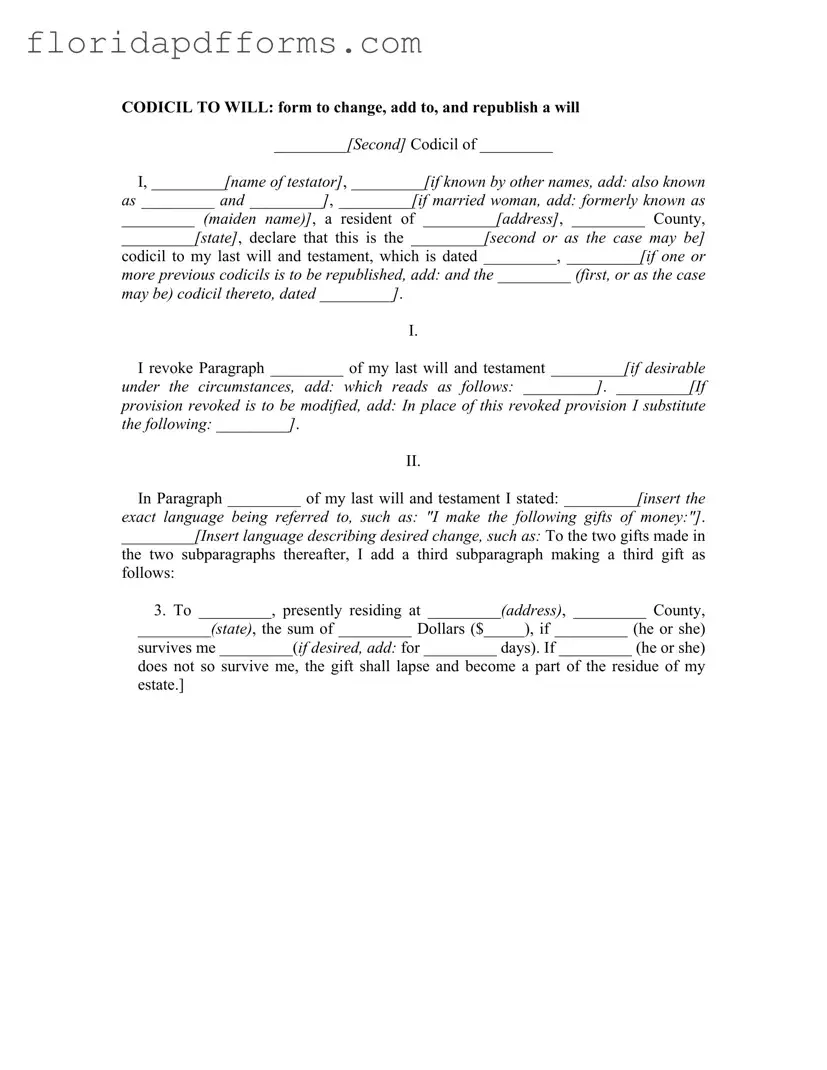 Fill in Your Florida Codicil Form