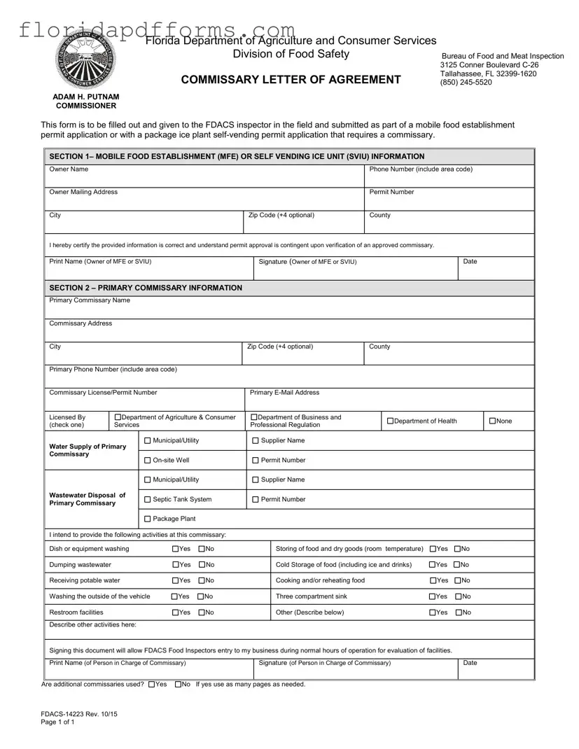 Fill in Your Florida Commissary Letter Of Agreement Form