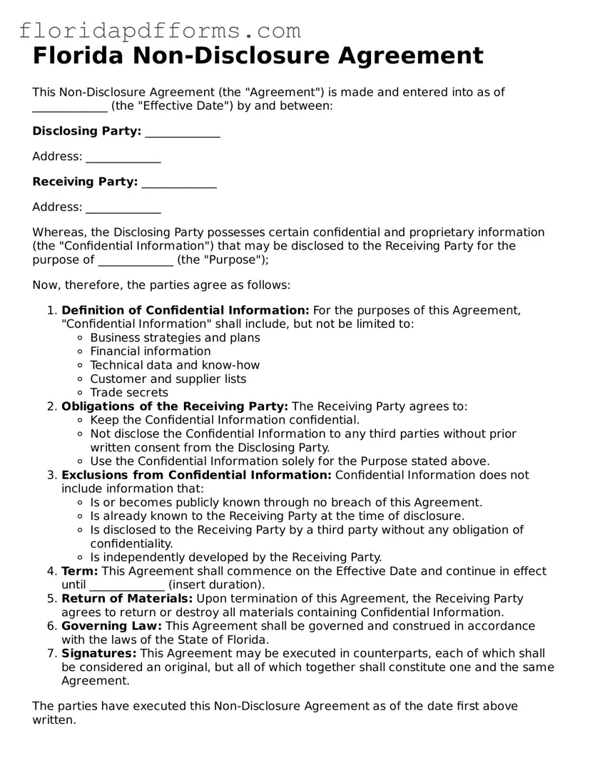 Official  Non-disclosure Agreement Template for Florida