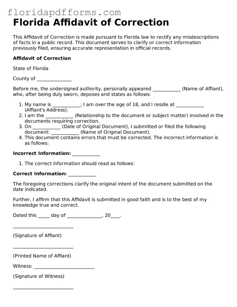 Official  Affidavit of Correction Template for Florida