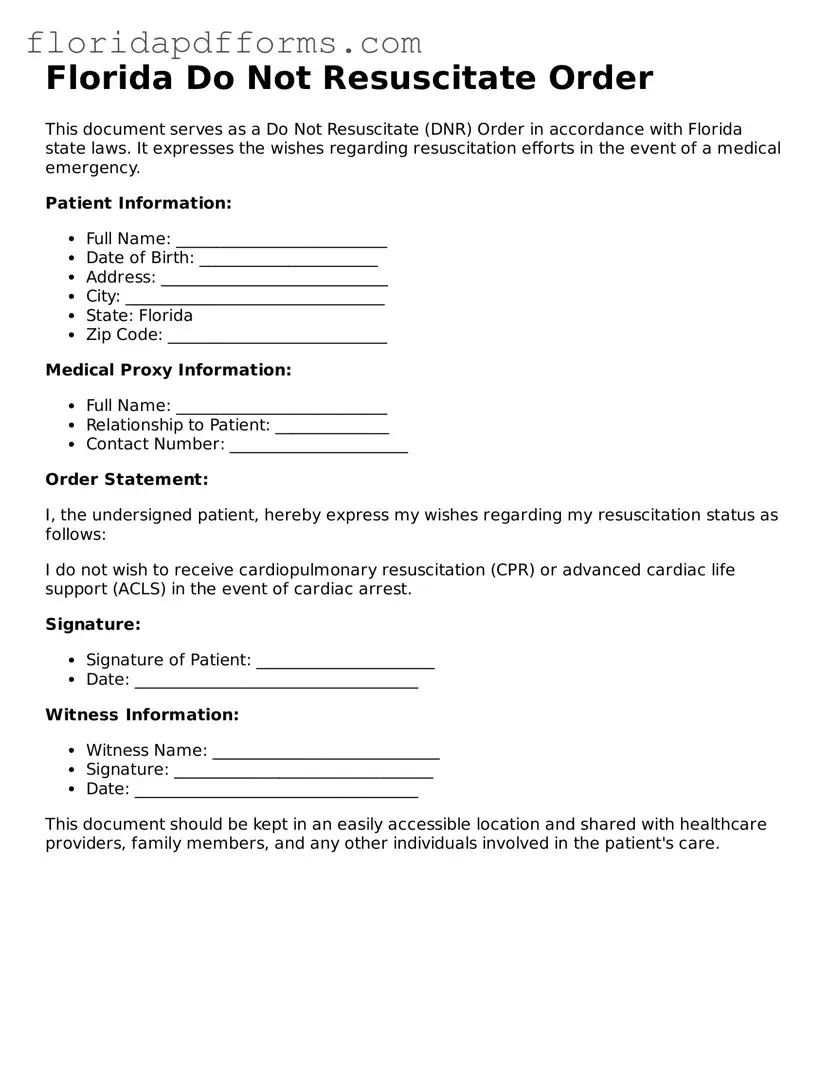 Official  Do Not Resuscitate Order Template for Florida