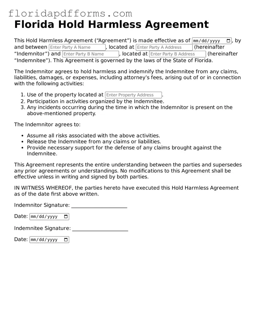Official Hold Harmless Agreement Template for Florida