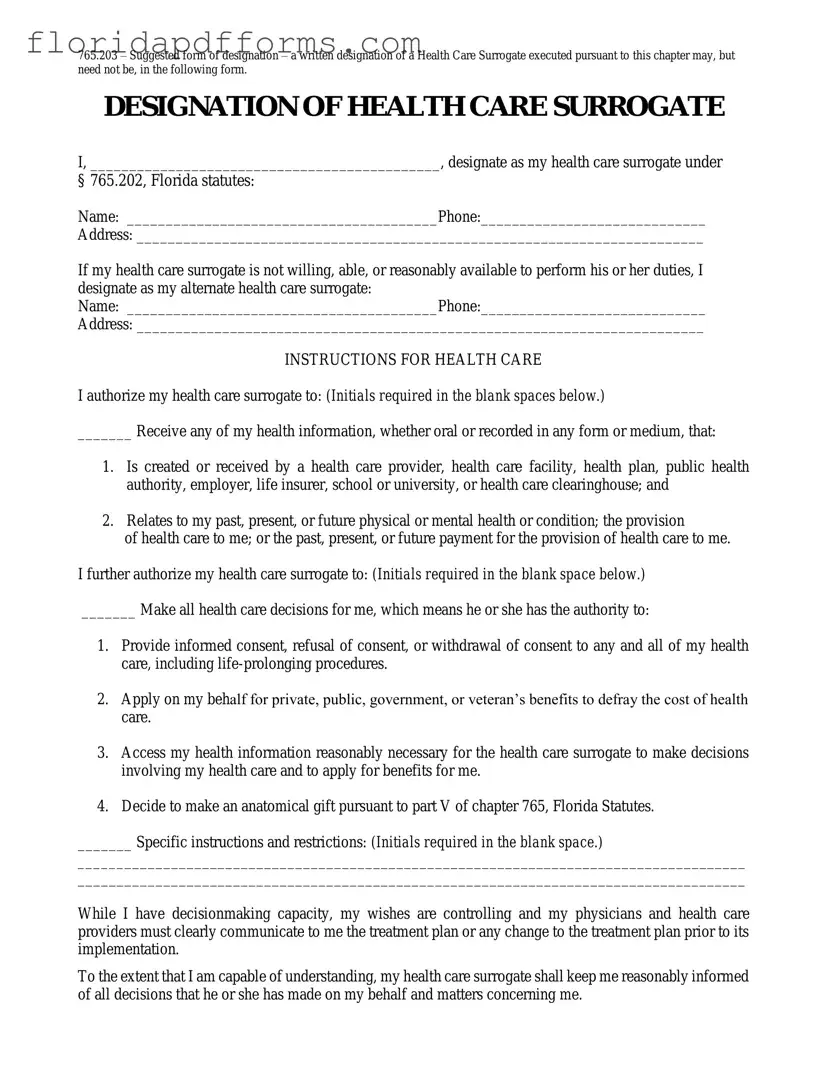 Fill in Your Florida Health Care Surrogate Form