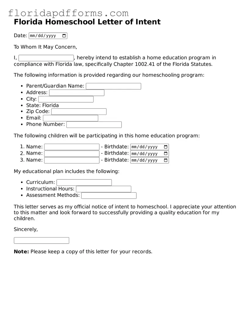 Official Homeschool Letter of Intent Template for Florida