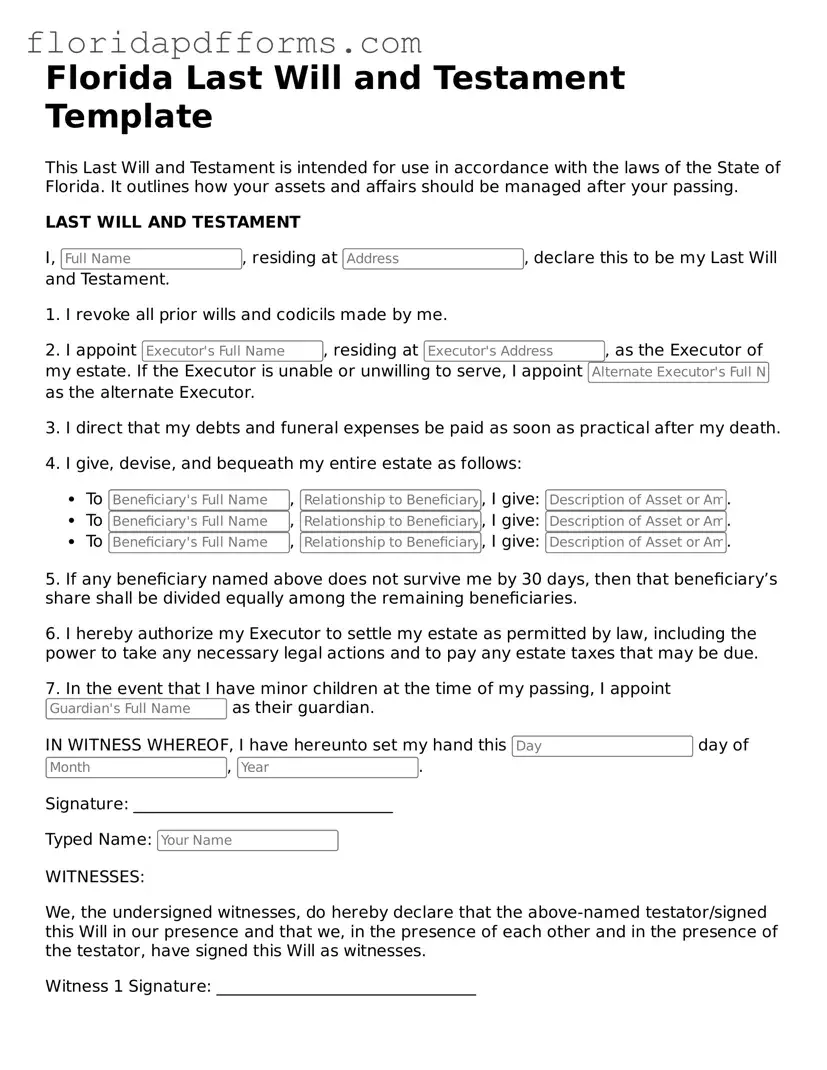 Official  Last Will and Testament Template for Florida