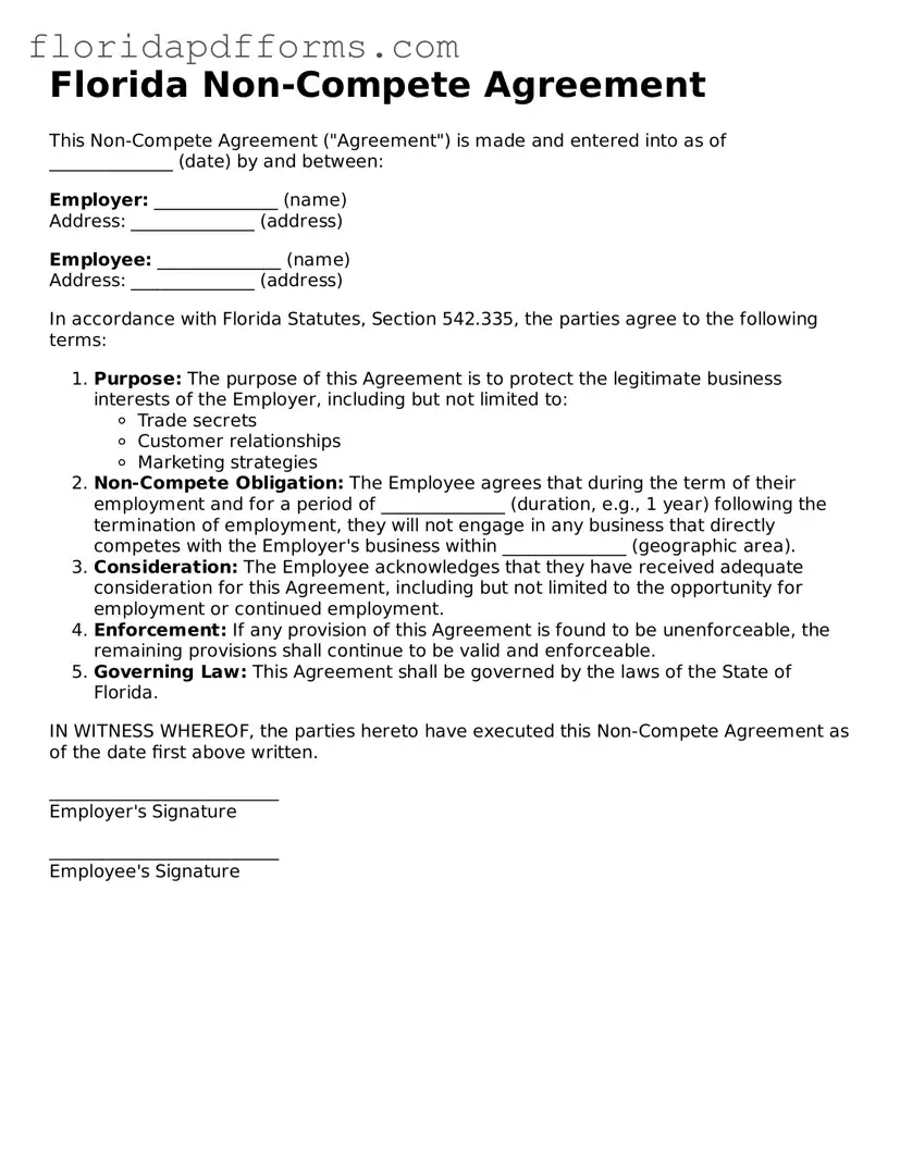 Official  Non-compete Agreement Template for Florida
