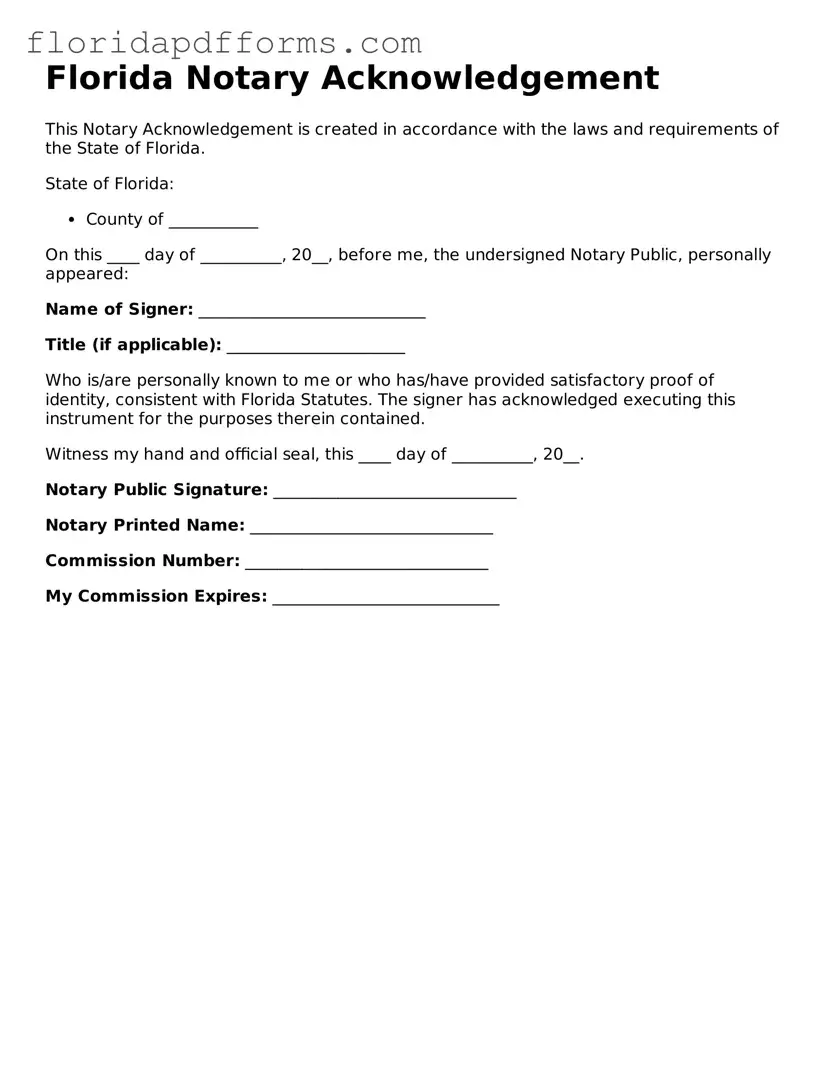 Official Notary Acknowledgement Template for Florida