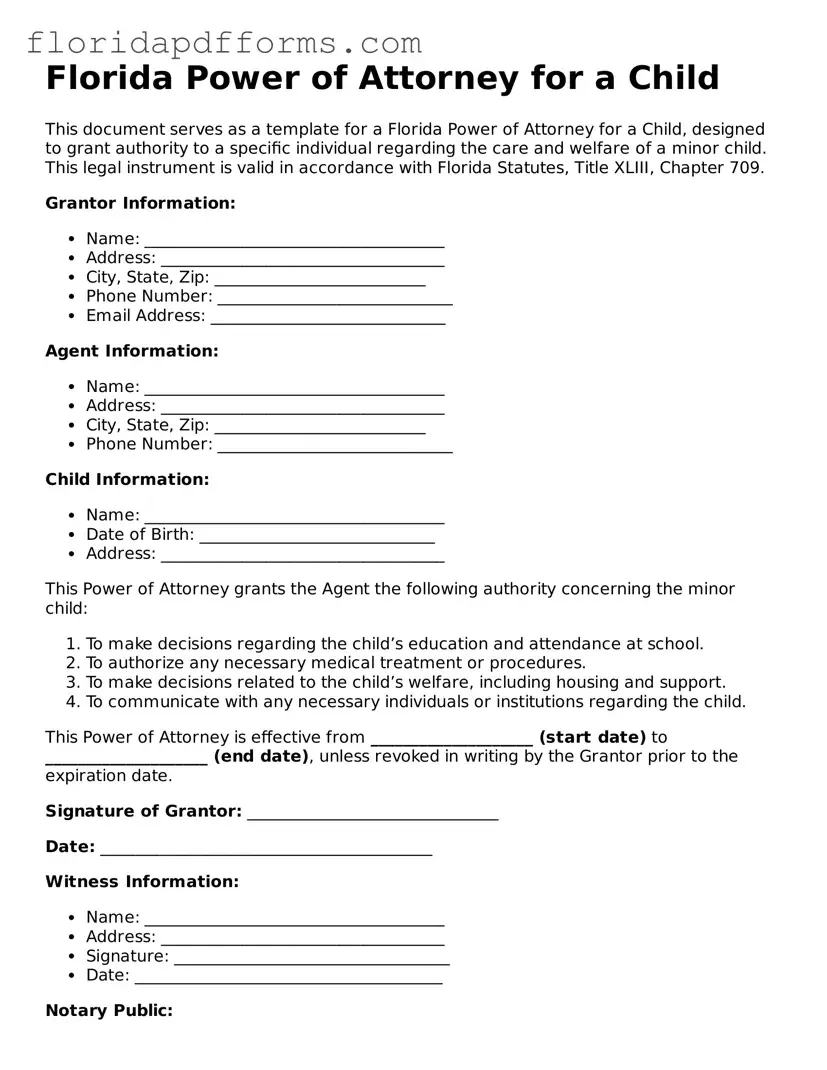 Official  Power of Attorney for a Child Template for Florida