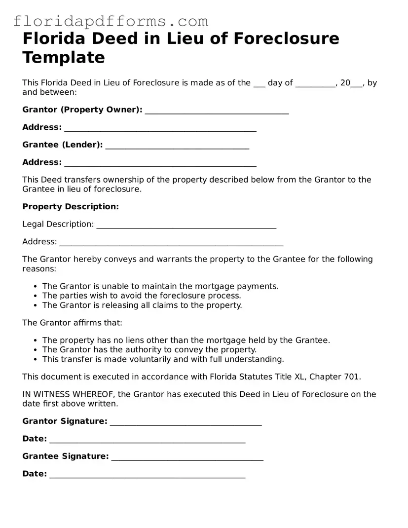 Official  Deed in Lieu of Foreclosure Template for Florida