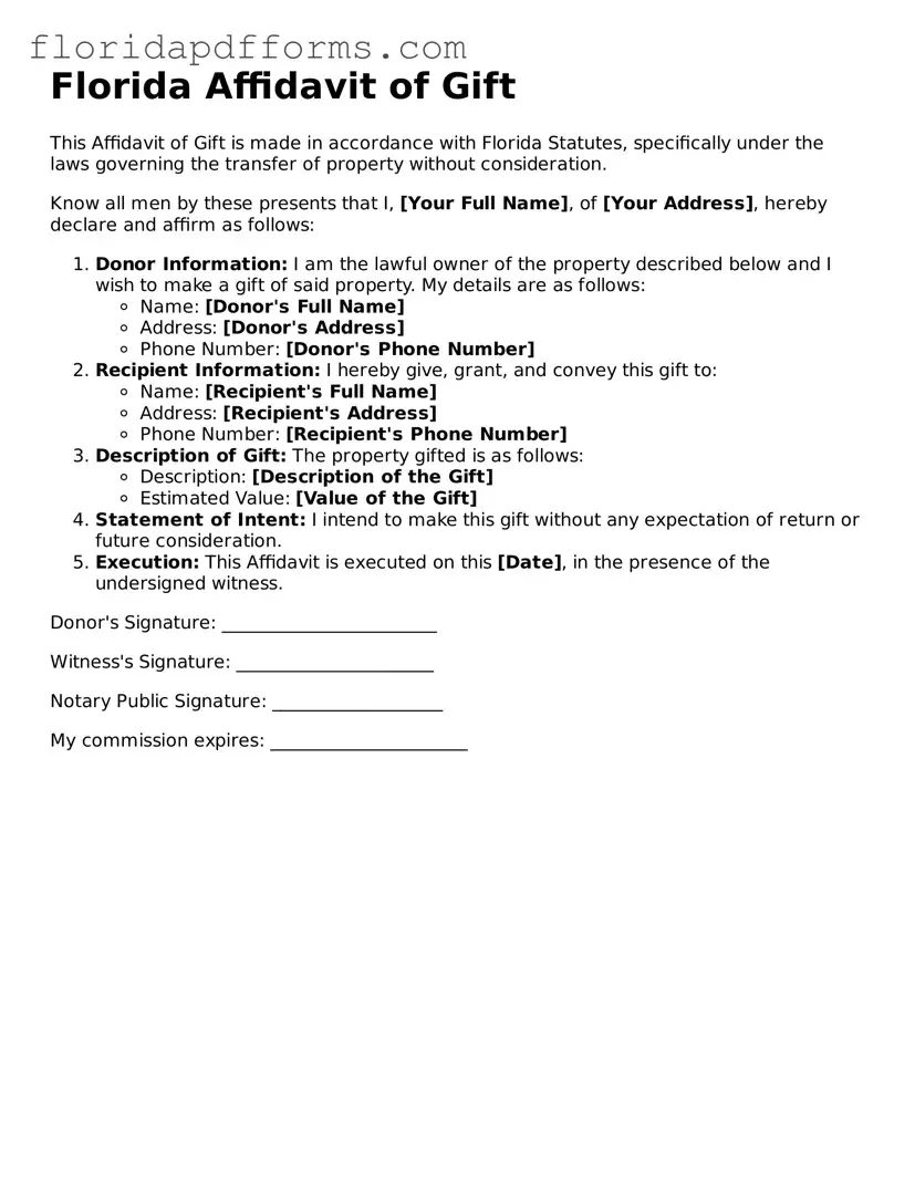 Official  Affidavit of Gift Template for Florida
