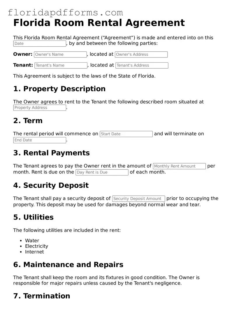 Official Room Rental Agreement Template for Florida