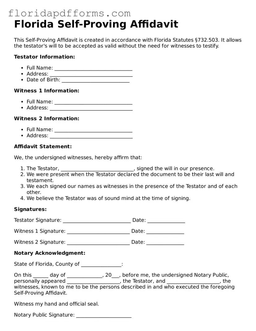 Official  Self-Proving Affidavit Template for Florida