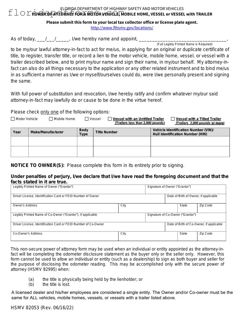 Fill in Your Florida Vehicle POA form 82053 Form