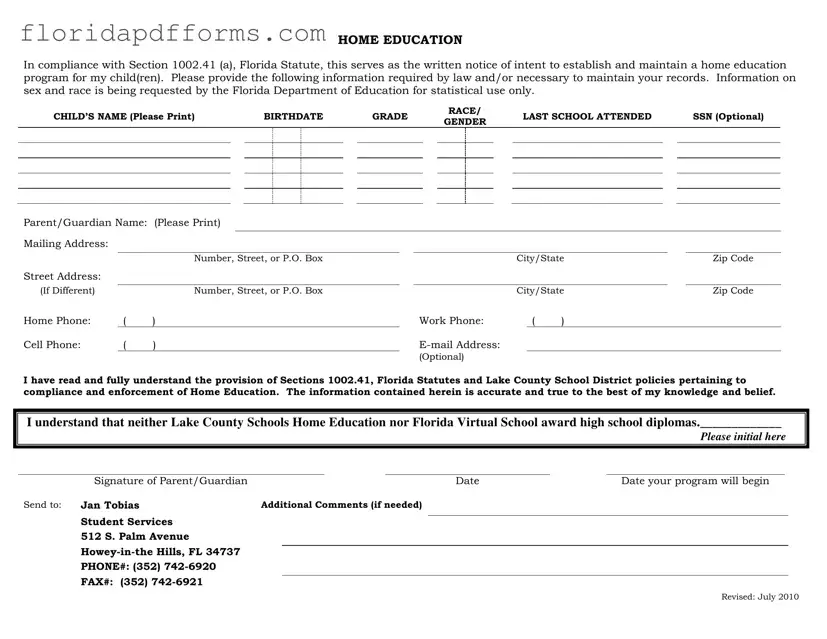 Fill in Your Intent To Homeschool Florida Form