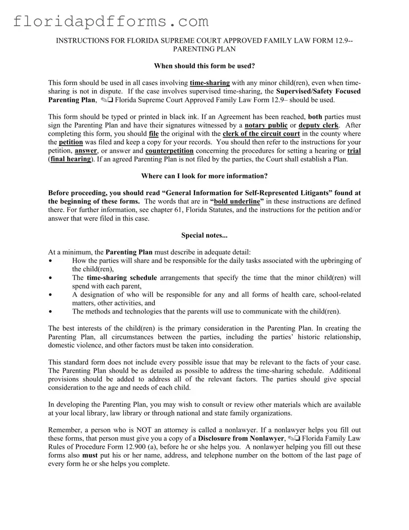Fill in Your Parenting Plan Examples Florida Form
