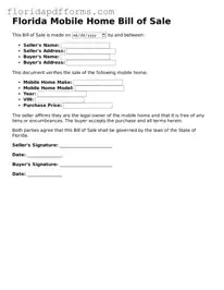 Official  Mobile Home Bill of Sale Template for Florida