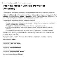 Official  Motor Vehicle Power of Attorney Template for Florida