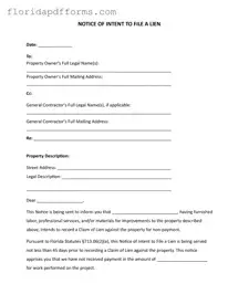 Fill in Your Intent To Lien Florida Form