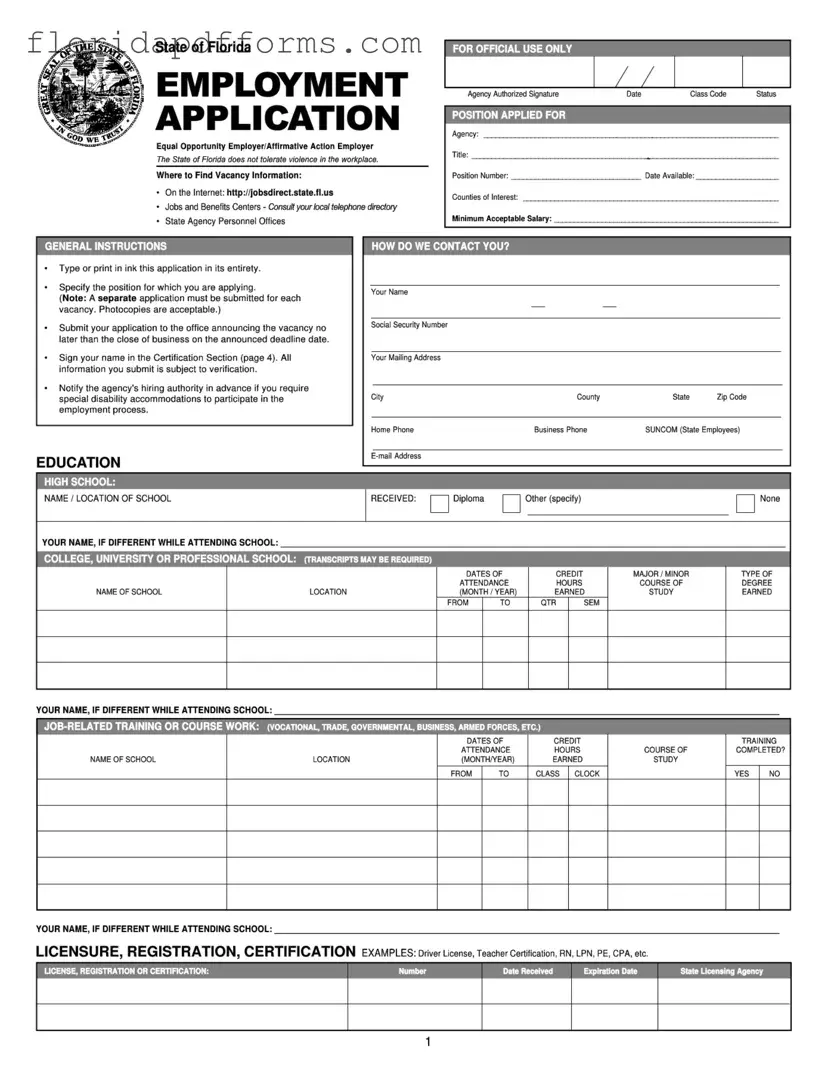 Fill in Your State Florida Employment Application Form